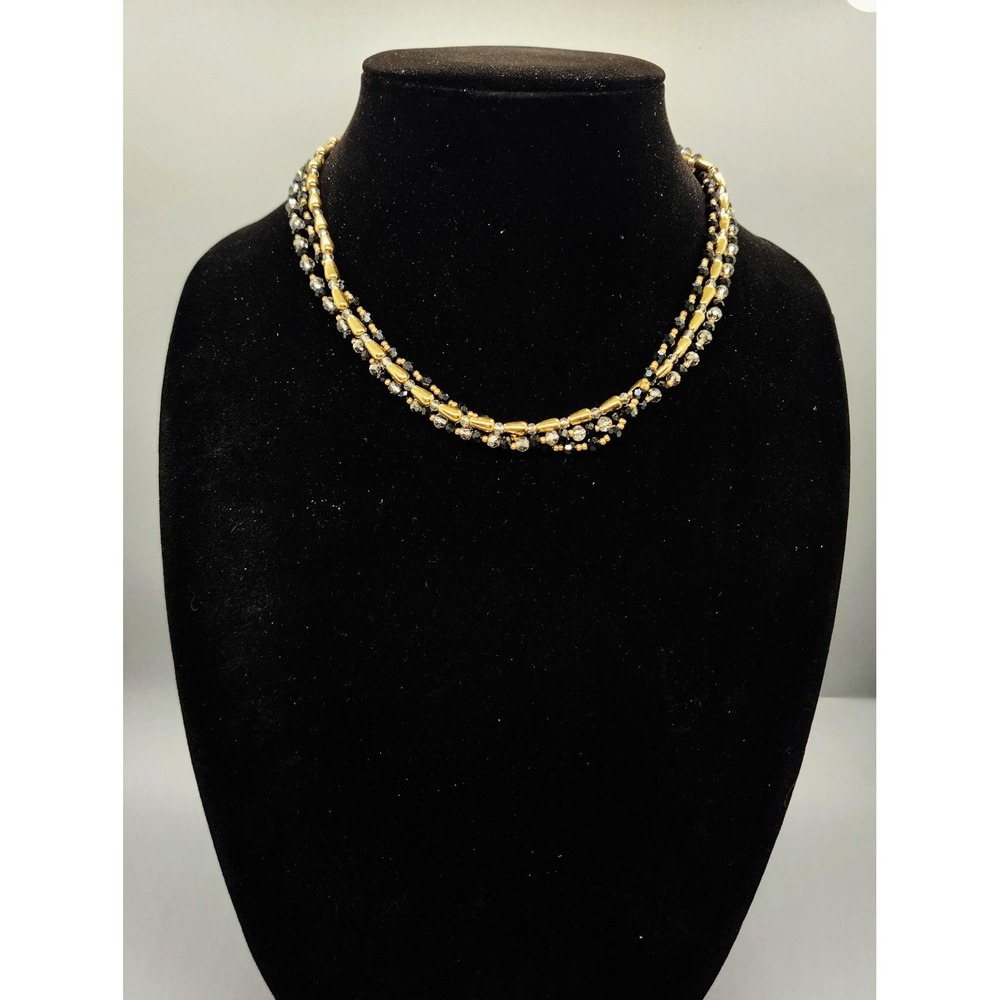 Ann Taylor Multi-Strand Beaded Necklace Adjustable Gold Tone Black Clear